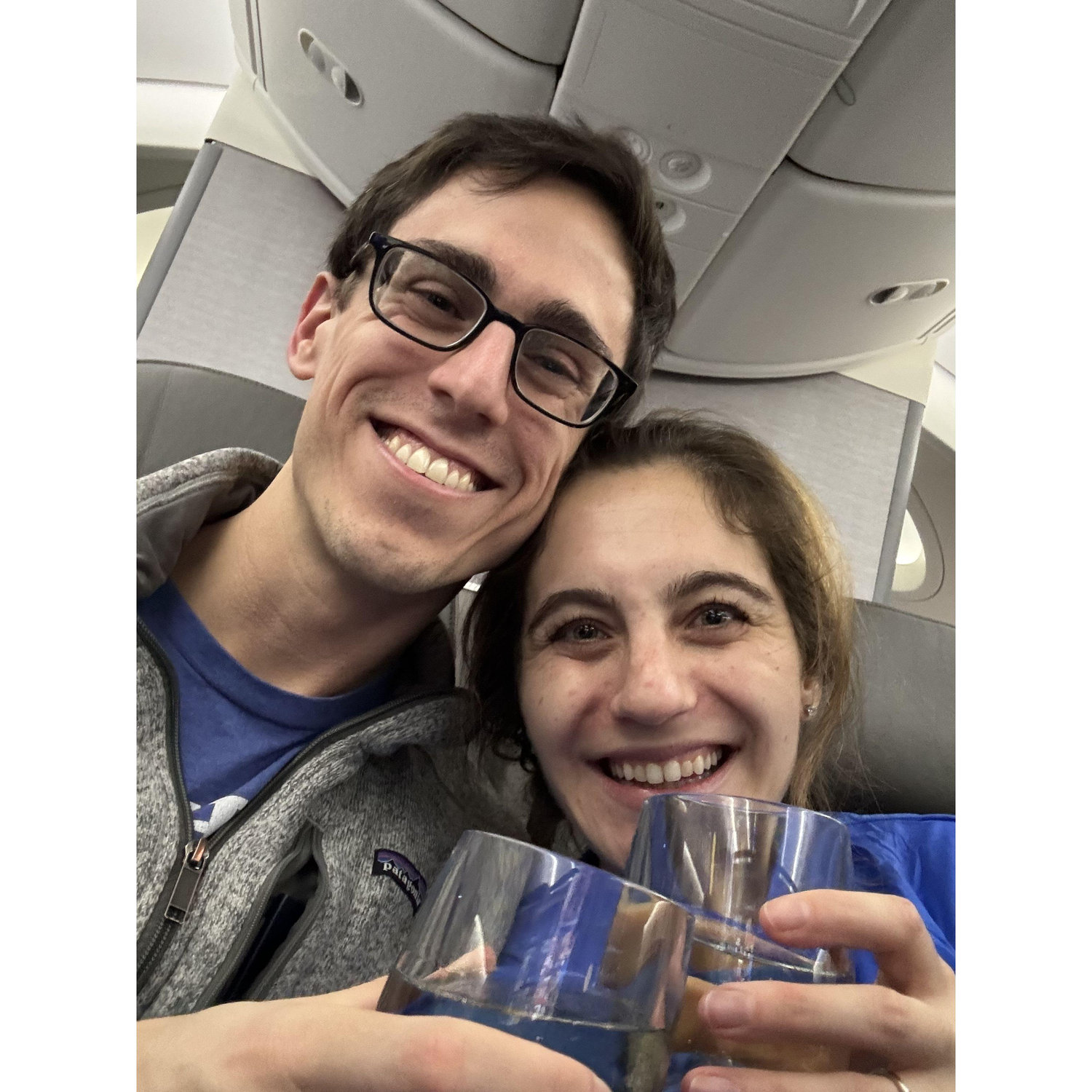Our flight to Vietnam, where we were lucky enough to fly in style (thanks, Jean!!!!) and got to start our flight with champagne and airline pajamas