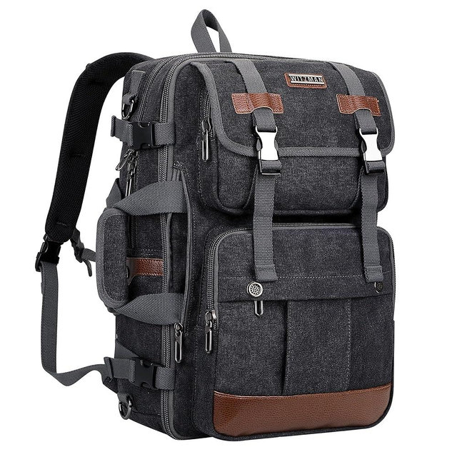 WITZMAN Canvas Travel Backpack for Men Large Laptop Backpack Fit 16 inch Carry-on Airline Approved Convertible Shoulder Rucksack(A6617-3 Black)
