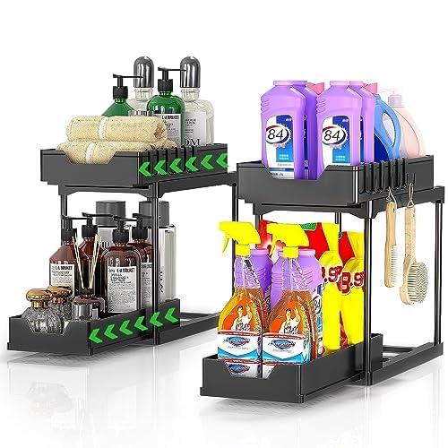 artzon 2-Pack Under Sink Organizers and Storage, Black 2-Tier Bathroom Cabinet Organizer with Pull-Out Storage Drawer, Kitchen Organization with 8 Hooks