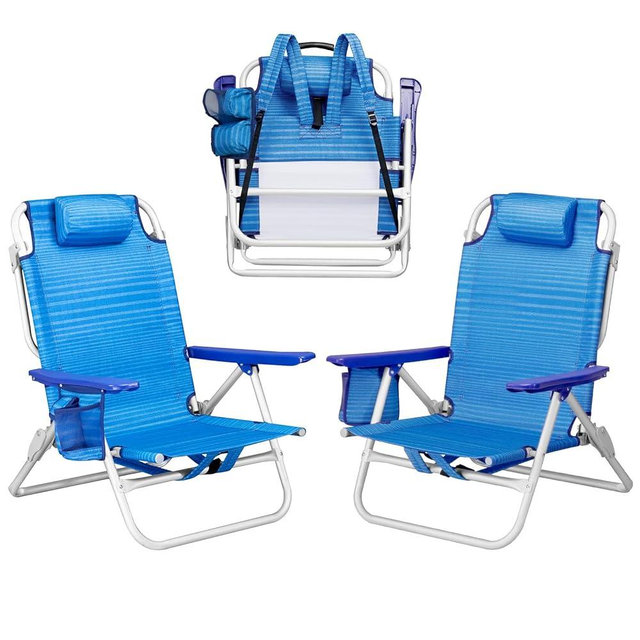 PRETZI Backpack Beach Chairs for Adults - Folding Heavy Duty Camping Chair with Storage Pouch, Cup Holder & Towel Rack, Lightweight & Adjustable Lounge Chair for Outdoor,Travel (2 Packs/Blue)