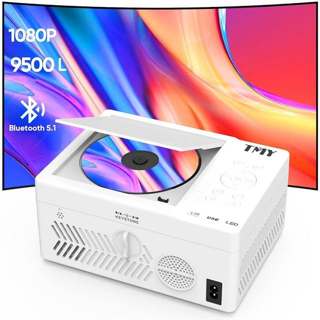 TMY Bluetooth Projector with DVD Player Built in, 1080P Mini Projector, Portable DVD Projector for Outdoor Movies, Compatible with Smartphone/PC/TV Stick/HDMI/AV/USB/TF