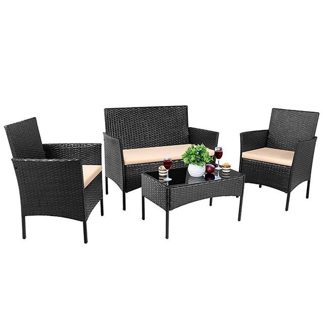 Devoko 4 Pieces Patio Porch Furniture Sets PE Rattan Wicker Chairs Beige Cushion with Table Outdoor Garden Patio Furniture Sets (Black)