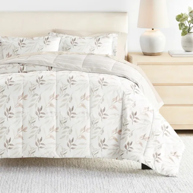 7PC Bedding Bundle, Patterned Comforter and Solid Sheet Set - Becky Cameron, Foliage Stripe Ivory, King