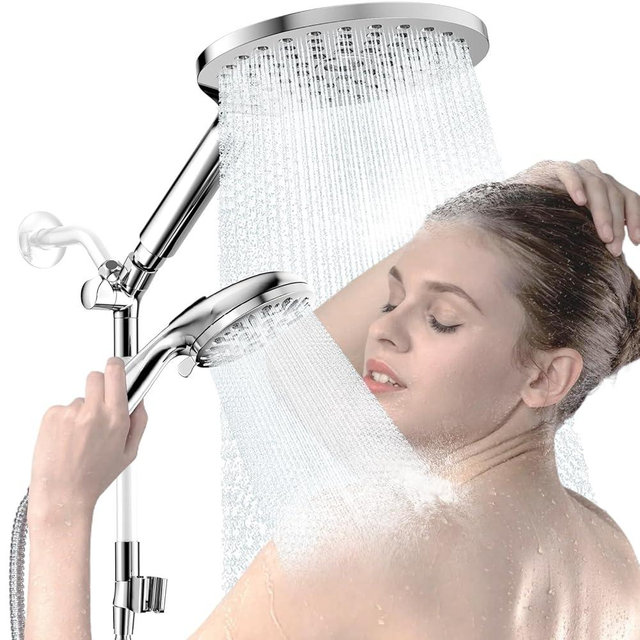 KAIYING Dual Shower Heads with Handheld Spray Combo, High Pressure Modern Rain Shower Head with 9-Mode Handheld Showerhead, Double Rainfall Shower Head with 79-Inch Stainless Steel Hose (Chrome)