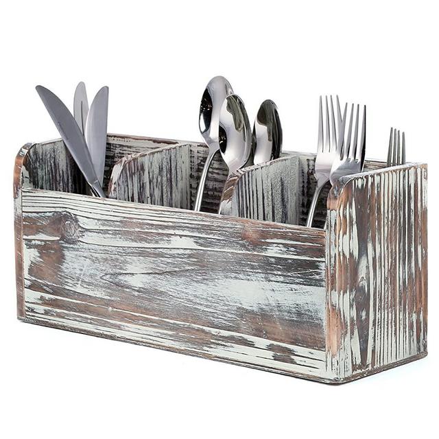 3 Compartment Rustic Torched Wood Utensil Holder, Flatware Caddy and Organizer Tray