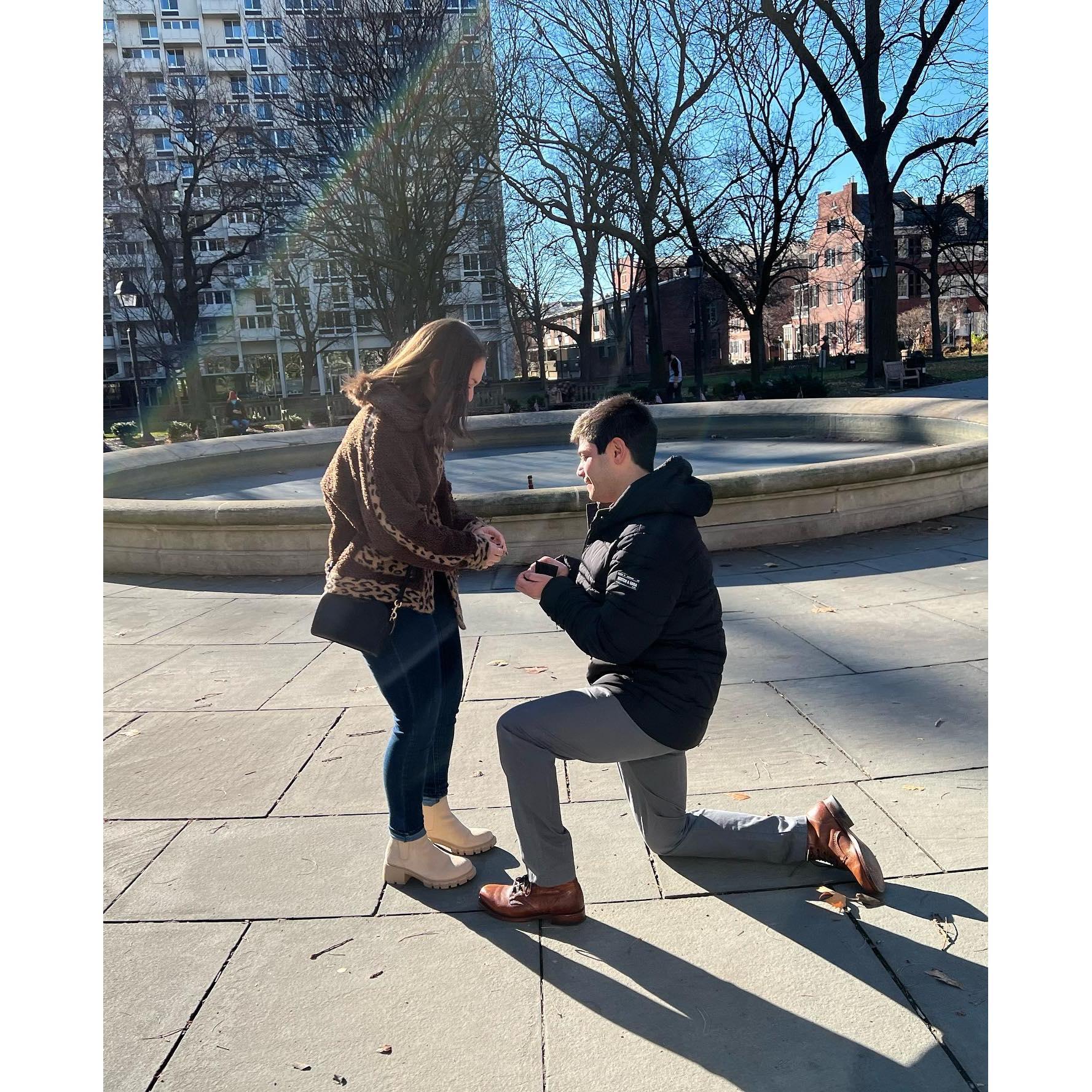 Charles proposed on what turned out to be a beautiful Winter day. He proposed in Washington Square Park, where we enjoy our Sunday morning coffees together.