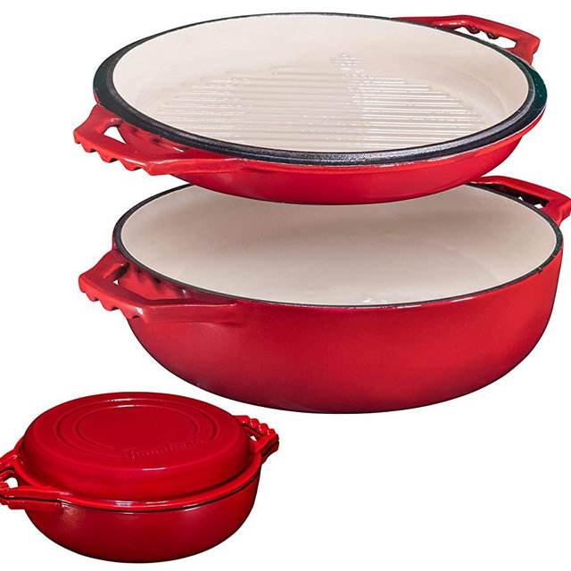 2-in-1 Enameled Cast Iron Cocotte Double Braiser Pan with Grill Lid 3.3 Quarts - Barbecue Grill Non Stick Frying Pan - Casserole Cookware Wide Handle (Red)