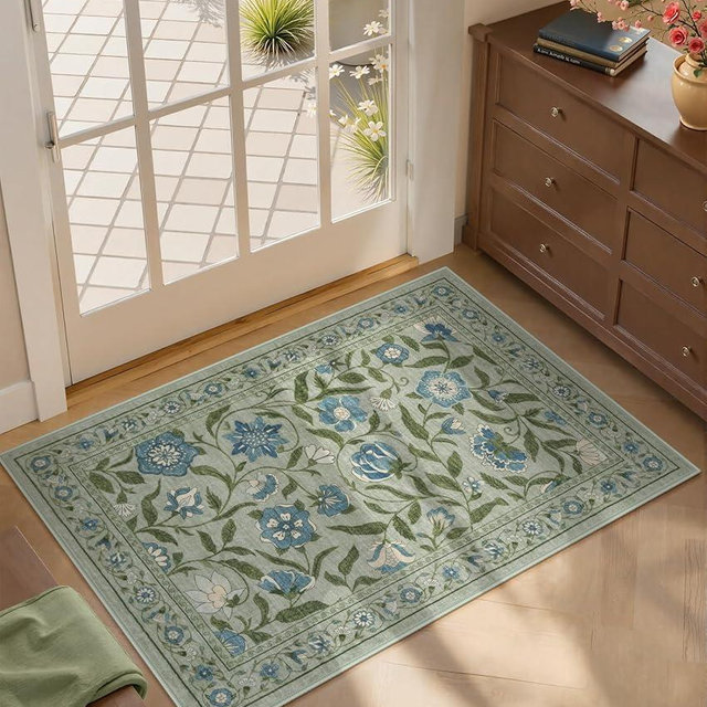 Collive Machine Washable Entryway Rugs, Green 2 x 3 Small Low Pile Bedroom Rug Non-Slip Soft Kitchen Mats, Modern Floral Vintage Bathroom Carpet Stain Resistant Throw Mat for Entrance, Front Door