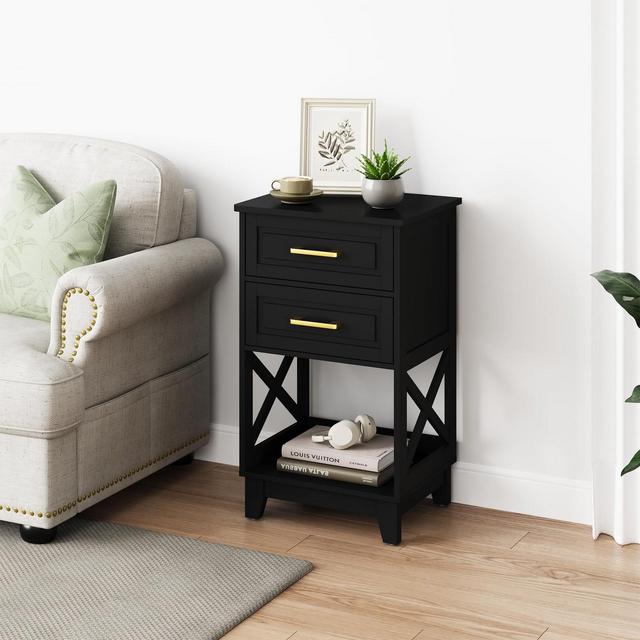 Heynemo Tall Nightstand with 2 Drawers & Open Shelf Below, Modern Night Stand End Table for Bedroom, Living Room, Home Office, Black Set of 1