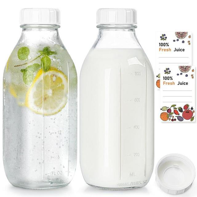 Milk Bottle with 100% Airtight Heavy Duty Screw Lid. 2 Pack 32 Oz Reusable Glass Bottles with 3 Lids! Jug Pitcher, Buttermilk, Water, Juice Bottles w Cap, Syrup, Honey