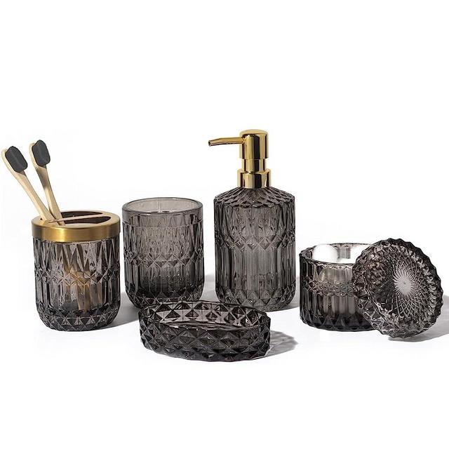 EMPO 6PCS Bathroom Glass Accessories Set (Lotion Soap Dispenser, Soap Dish, Toothbrush Holder, Tumbler, Cotton Swab Jar) Contemporary Modern Decor Crystal Clear Vintage Gift (6pcs Gray)