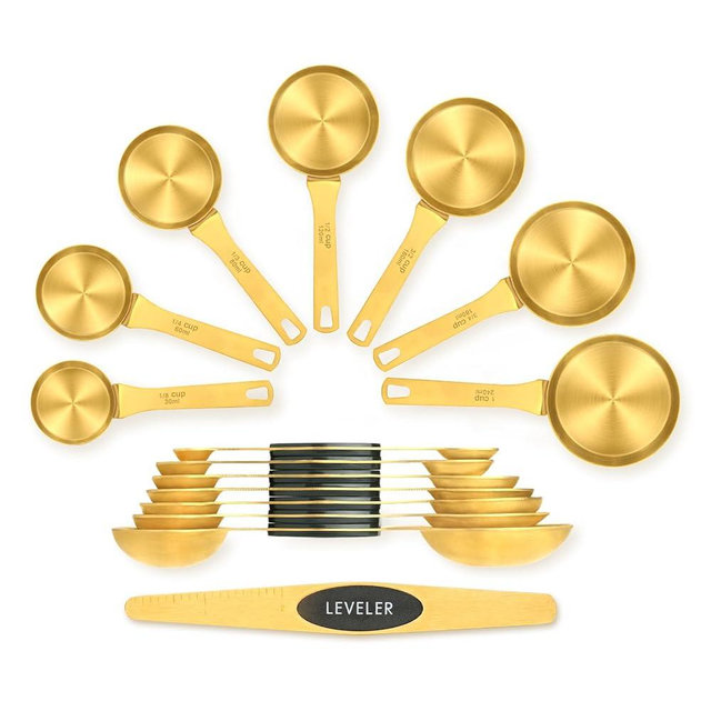 Foyucool Magnetic Measuring Spoons and Cups Set of 15, Including 7 Magnetic Gold Measuring Spoons with 1 Leveler, 7 Stainless Steel Heavy Duty Gold Measuring Cups, Ideal for Cooking & Baking