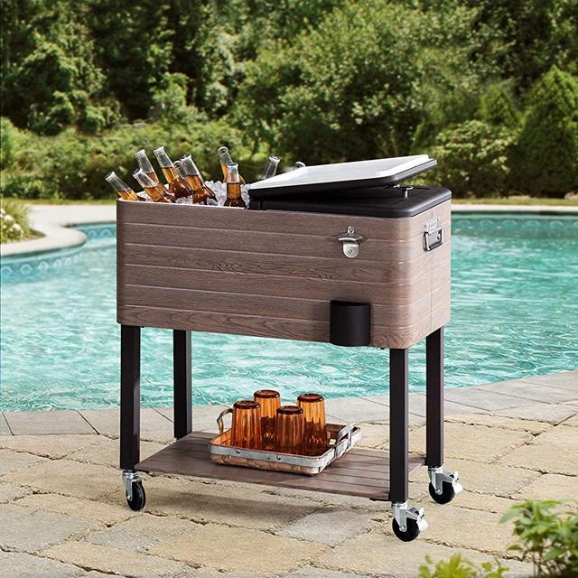 Sunjoy Gateway Collection 80 Quart Rolling Ice Chest Portable Patio Party Drink Cooler Cart, Brown