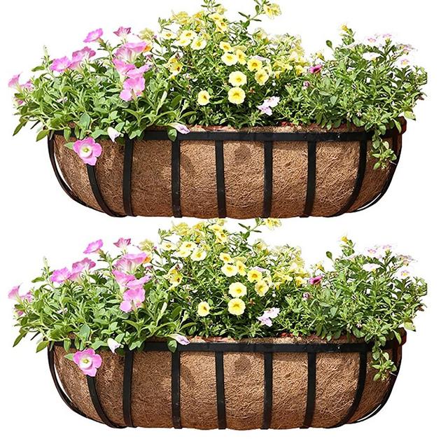 24 Inch Railing Planter Window Box Deck Balcony Rail Planter with Coco Liner Metal Wall-Mounted Coconut Liner Planter Basket English Horse Trough Planter for Outdoor Balcony Porch Fence Patio (2 Pack)
