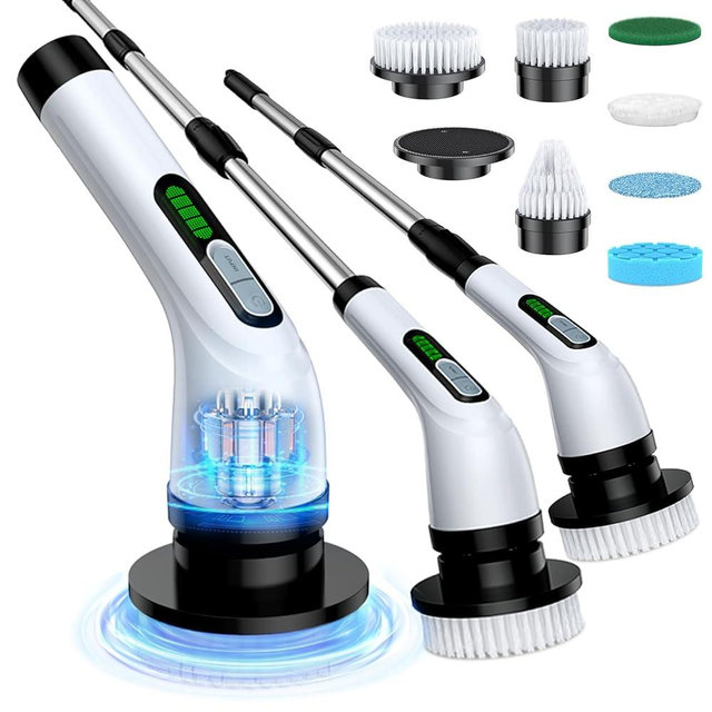 Highyes Electric Spin Scrubber, Powerful 2-Speed Cleaning Brush, IPX7 Waterproof with 7 Reusable Brush Heads & Extendable Handle, for Bathroom Toilet Shower Kitchen Wall Tile Floor Grout (White)