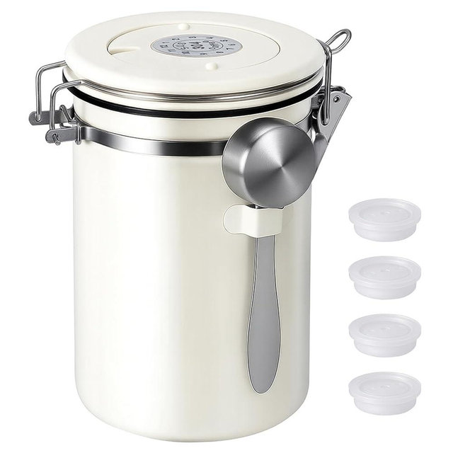Kirecoo Stainless Steel Coffee Canister - 22OZ Airtight Coffee Bean Storage Grounds Container Holder with Date Tracker & Measuring Scoop, Kitchen Food Canister Jar for Cereal, Sugar, Tea, Flour, Gifts