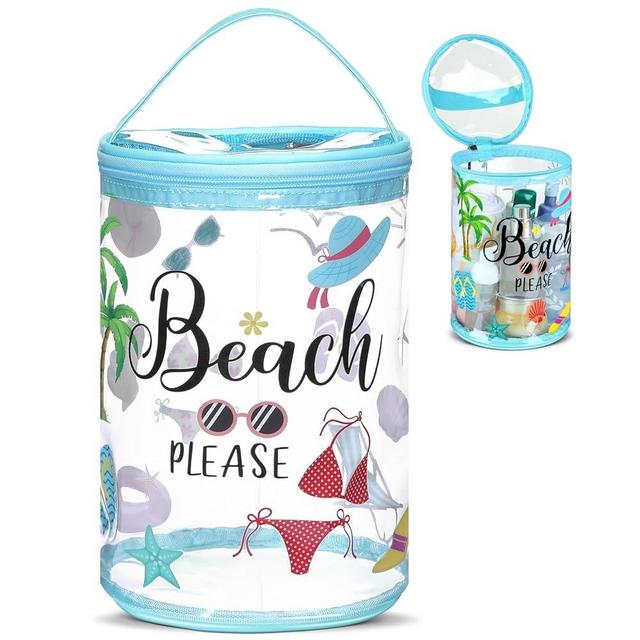 Sanwuta Clear Lotion Toiletry Bag Travel Makeup Case Waterproof PVC Cosmetic Bag with Handle Zipper Portable Survival Organizer Pouch for Women Pool Gift Birthday Party (Beach)