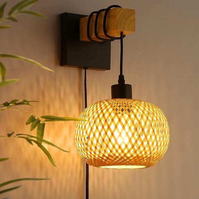 Farmhouse Rattan Plug in Wall Sconces, Rustic Hand-Woven Bamboo Shade & Wood Beam Wall Light Fixtures, Rattan Bamboo Wall Lamp for Bedroom Bedside, Living Room Wall Art Decor(No Bulbs)
