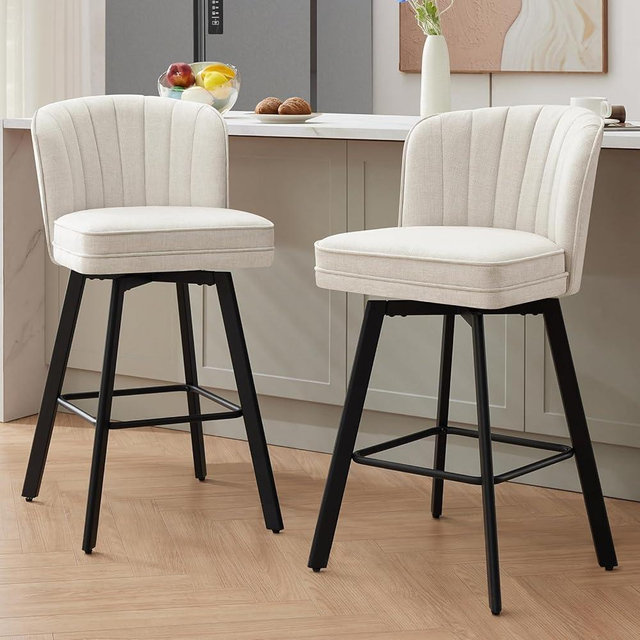 SAECKBERG Swivel Counter Height Bar Stools Set of 2, 30'' Modern Barstools with Backs and Metal Legs, Upholstered Bar Chairs, Beige, Fabric Stools for Kitchen Island Chairs