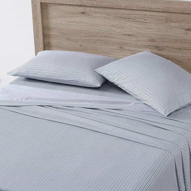 Eddie Bauer Home Sheets Cotton Percale Bedding Set, Crisp & Cool, Stylish Home Decor, 4 pieces, Queen, Ticking Stripe Light Blue/Denim Blue