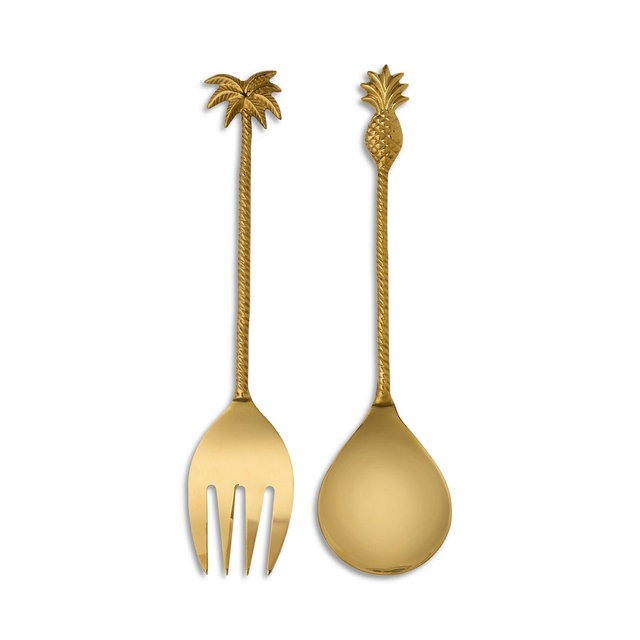Blue Pheasant Polished Gold Tone Palm Tree/Pineapple 2 Piece Serving Set