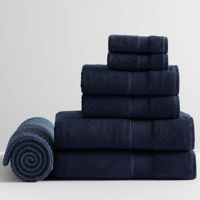 Navy PB Classic Organic Bath Hand Washcloth Towels & 1 Bath Mat, Set of 7