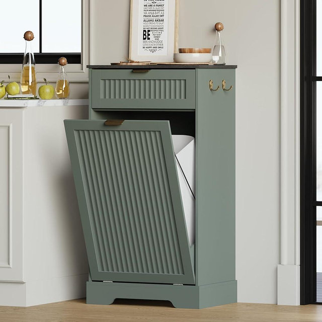 METOTI 13 Gallons Tilt Out Trash Can Cabinet, Wooden Fluted Trash Garbage Can Cabinet with Drawers, Hidden Laundry Hamper with Hooks for Kitchen Living Room, Green