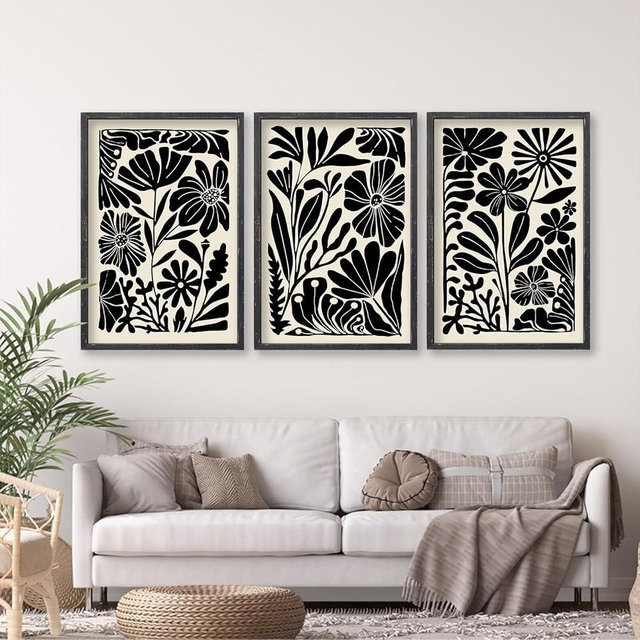 flowtorely Abstract Floral Botanical Wall Art 16x24 Inch 3 Piece Black Vintage Boho Plant Flower Minimalist Wood Frame Sign Home Living Room Family Office Mid Century Print Wall Hanging Decor (Black)