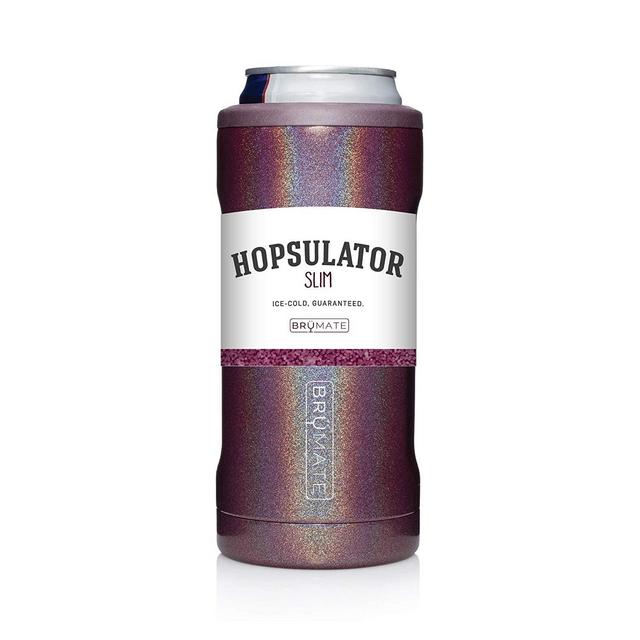 BrüMate Hopsulator Slim Double-walled Stainless Steel Insulated Can Cooler for 12 Oz Slim Cans (Glitter Merlot)