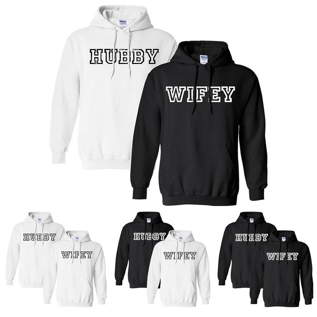 Hubby Wifey Matching Couple Hoodie Set – Couple Matching Outfit Sweatshirt – Unisex Duo Hoodie - Gift for Wedding Black, White