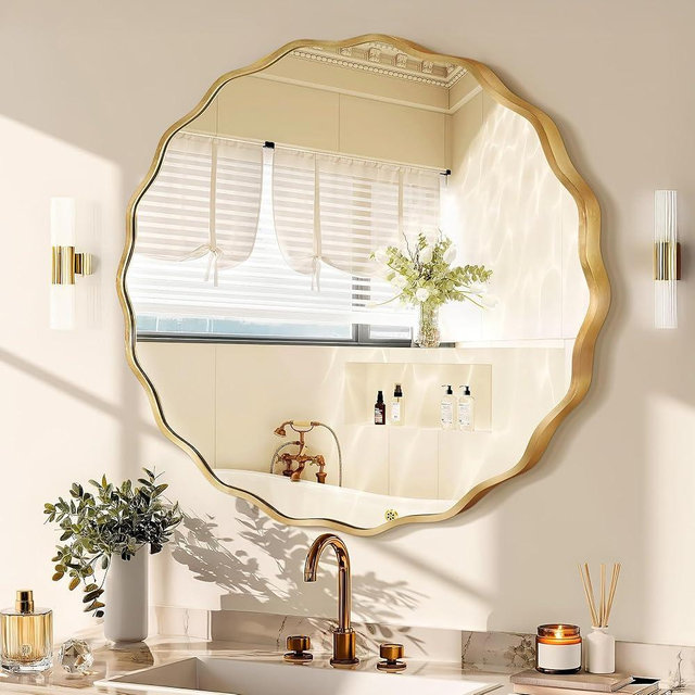 Fahomiss Gold Round Mirror for Wall, 32"x32" Decorative Wavy Bathroom Mirror with Brushed Alloy Steel Frame & Shatter-Proof Glass, Hanging Circle Wall Mirrors for Bathroom, Entryway (Gold, Large)