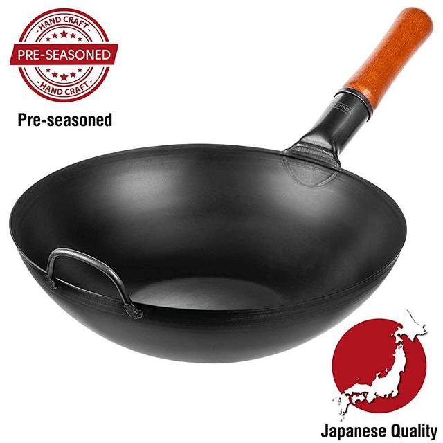 Pre-Seasoned Carbon Steel Wok Pan – 13,5 “ Woks and Stir Fry Pans - Chinese Wok with Flat Bottom Pow Wok - Traditional Chinese Japanese Woks - Black Steel Wok