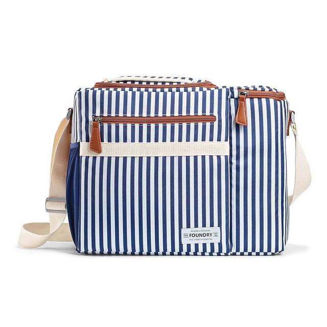 Foundry by Fit + Fresh, Brooks Dual-Compartment Insulated Cooler Bag with Wine Cooler Compartment, Food & Beverage Beach Bag, Picnic Basket, Perfect for Tailgating & Camping Accessories, White & Blue