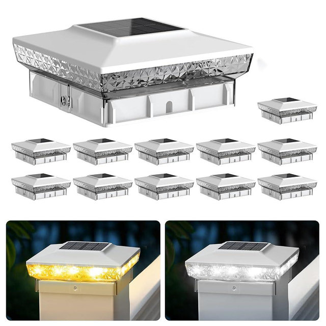 KEILAIMO Solar Post Cap Lights, 12-Pack Upgraded Outdoor Deck Fence Post Solar Lights for 4x4 5x5 Wood/Vinyl Posts, IP65 Waterproof, 10-12 Hours Warm/Cool White Glow for Garden/Patio/Porch - White