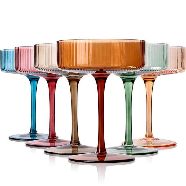 9 oz Vintage Art Deco Coupe Glasses Set of 6 |Ribbed martini Glasses |Vintage Cocktail Glasses Set,Unique Colored Coupe Glass, Classic Cocktail Galssware,Pefect for Cocktail,Martini,Wine,Champagne