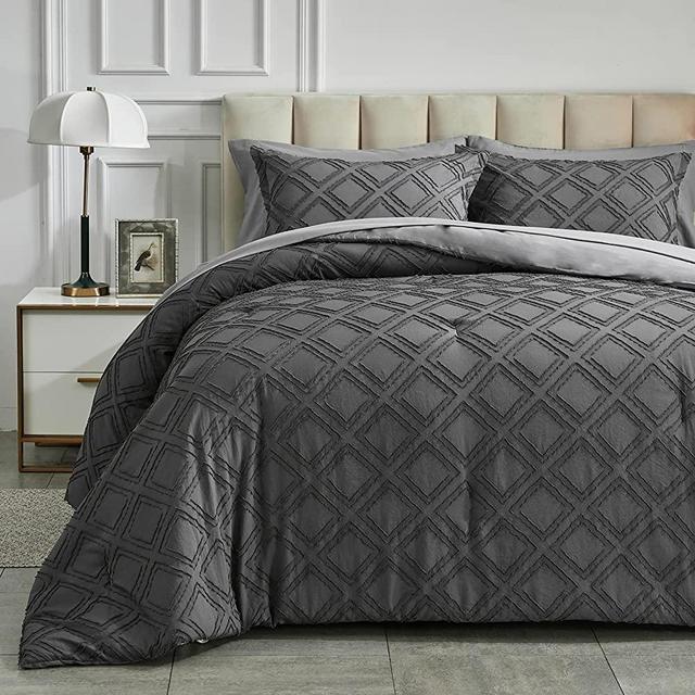 Grey Tufted Bed in a Bag 7 Pieces Queen Size, Soft and Embroidery Shabby Chic Boho Comforter Set, Luxury Solid Color Comforter with Diamond Pattern, Jacquard Tufts Bedding Set for All Season