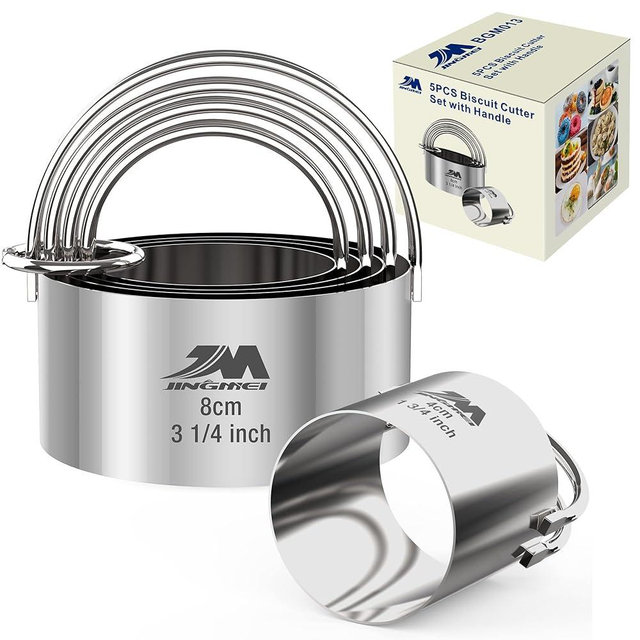 M JINGMEI 5 Pieces Circle Biscuit Cutter,Professional Stainless Steel Round Cookies Mold Tool with Handle for Baking GIFT Package