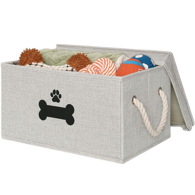 GreenPetopia Dog Toy Basket with Lid, Dog Basket for Toys, Dogs Toy Box with Cotton Rope Handles, Collapsible Storage Bins for Pet Toys, Dogs Storage Organizer, Gray