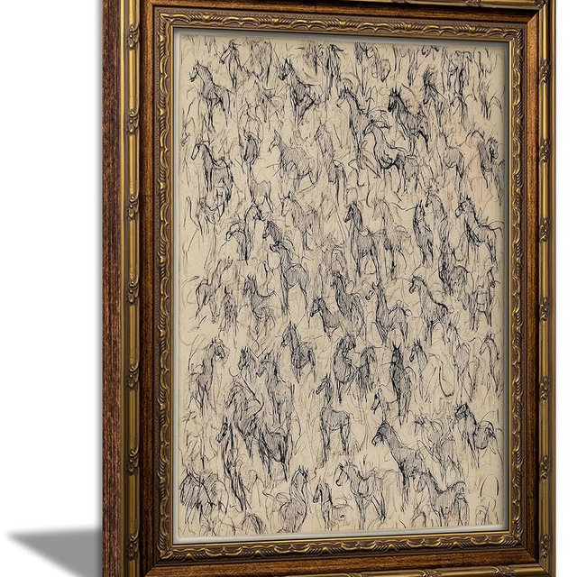 Vintage Gold Framed Horse Sketch Wall Art, Abstract Equestrian Canvas Prints, Rustic Neutral Horse Drawing Wall Decor, Retro Equestrian Drawing Print Artwork for Living Room Bedroom Dorm Office, 9x11in