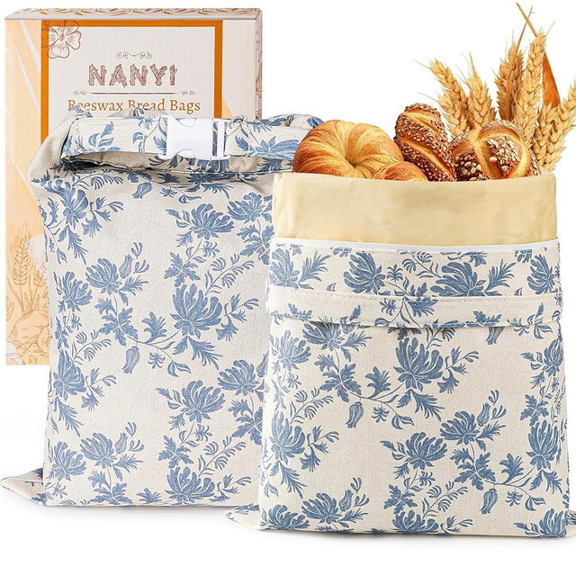 2-Pack Reusable Beeswax Bread Bags for Sourdough & Homemade Bread，Cotton Waxed Bags Keeps Fresh Longer(Navy Bloom)