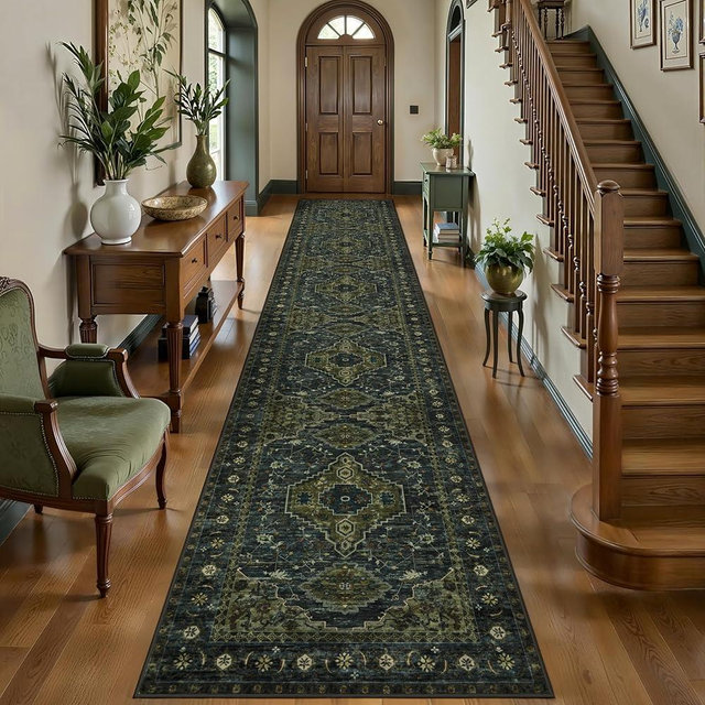 Tangsoo Oriental 2.6x14 Runner Rug for Hallways Non Slip, Washable Runner Rug, Soft Low Pile Long Rug Runners, Boho Print Distressed Carpet Runners for Kitchen Bedroom Entryway Living Room Green