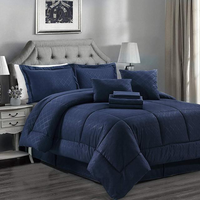 JML Queen Comforter Set, 10 Piece Microfiber Bedding Comforter Sets with Shams - 430GSM Heavyweight, Luxury Solid Color Quilted Embroidered Pattern, Perfect for Any Bed Room or Guest Room Navy