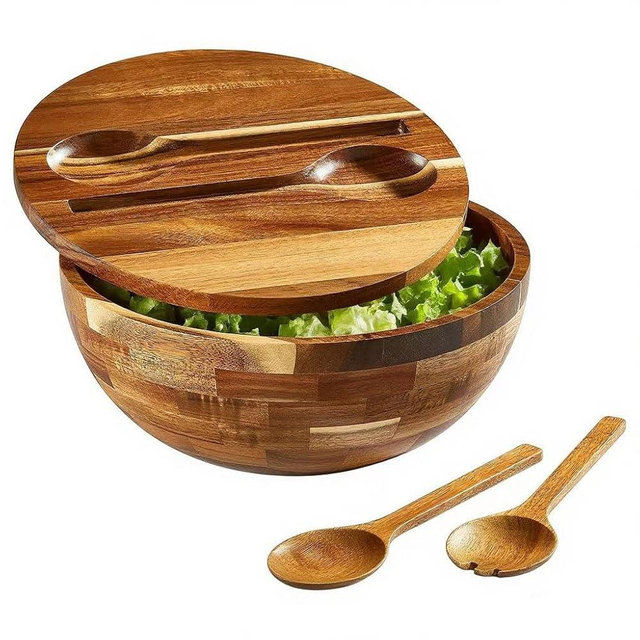 JOYMAY Salad Bowls Wood Salad Bowl Set with Lid 11.8 Inch Large Wooden Bowls Set Acacia Wood Serving Bowl, Big Salad Bowls with Serving Utensils Bowl for Kitchen, Dining, Party