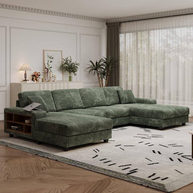 GDFStudio Robeson Modern 4-Seat Corduroy Convertible U-shaped Combination Sofa with Storage Armrest, Green