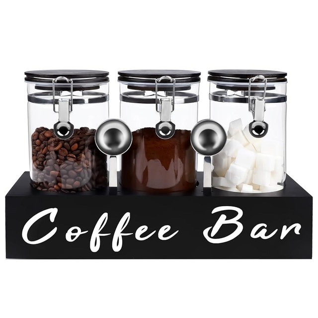 Liengoron 3 x 54 oz Glass Coffee Bean Storage Container with Shelf 3PCS Glass Containers with Airtight Locking Clamp Lid Spoons Coffee Canister Set Jars for Kitchen Food Storage Tea Sugar Black