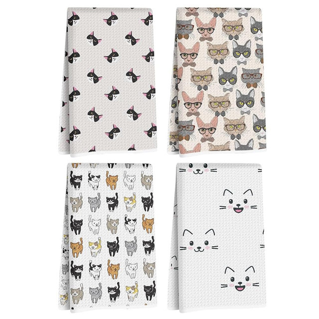 Jztco 4 Pcs Cute Cat Kitchen Towels, Cats Gifts Decorative Dish Towels | Cat Durable Waffle Absorbent Microfiber Hand Towels for Farmhouse Home Bathroom, Cat Lover Gifts for Women Mam