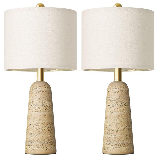 BOBOMOMO 21" Modern Table Lamps Set of 2, Warm Beige Resin Lamp with Stone Look, Small Bedside Lamps for Bedroom, Cozy Nursery Lamps with Linen Shades, Nightstand Lamp for Small Spaces, Entryway