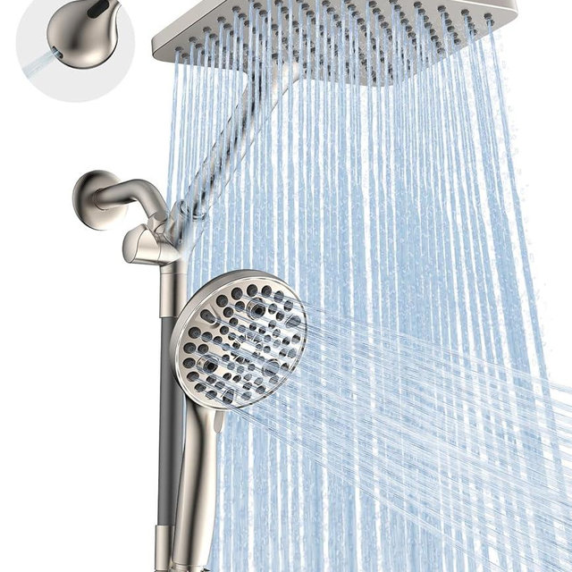 Dual Handheld Shower Head Combo, 2-in-1 Rain Shower Heads System Wide Rainfall Shower Head and 10 Modes High Pressure Hand Held Showerhead with Built-in Power Wash - Brushed Nickel