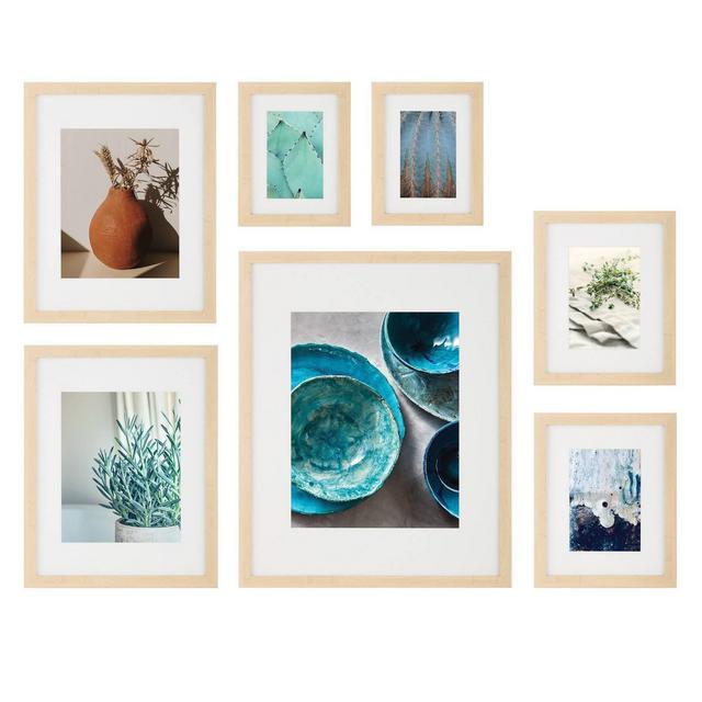 7pc Gallery Wall Picture Frame Set with Decorative Art Prints/Hanging Template Brown - Instapoints