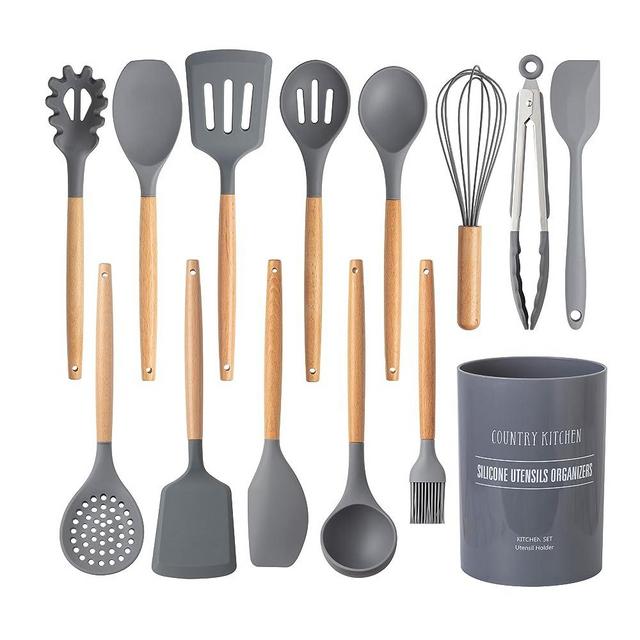 Country Kitchen Silicone Cooking Utensils, 14 Pc Kitchen Utensil Set, Easy to Clean Wooden Kitchen Utensils, Cooking Utensils for Nonstick Cookware, Kitchen Gadgets and Spatula Set